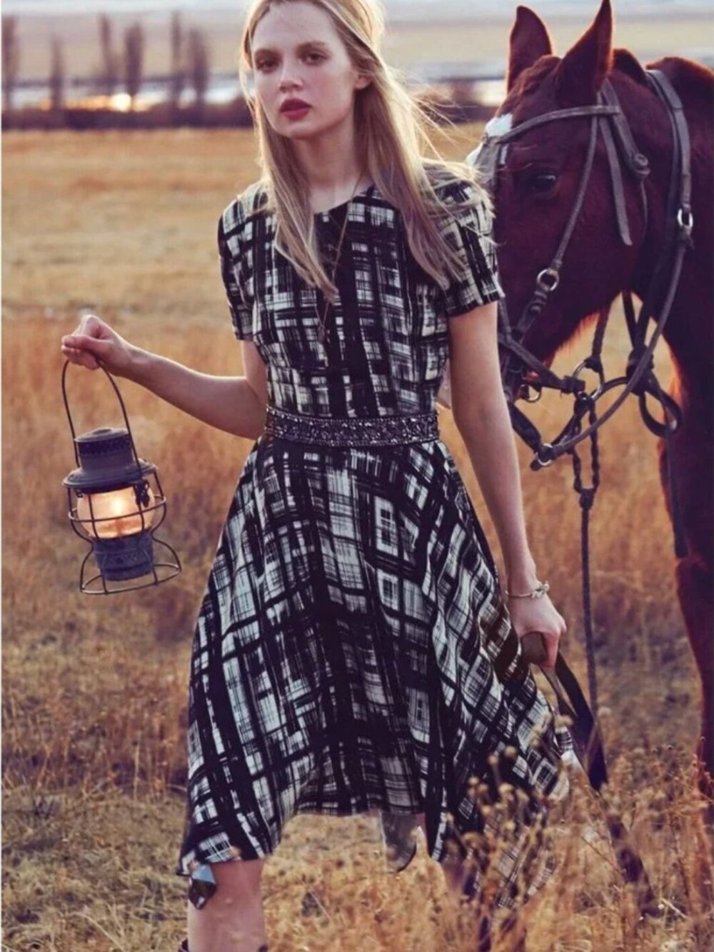 Anthropologie Painted Plaid Dress, Black, Handkerchief Hem, Size 6